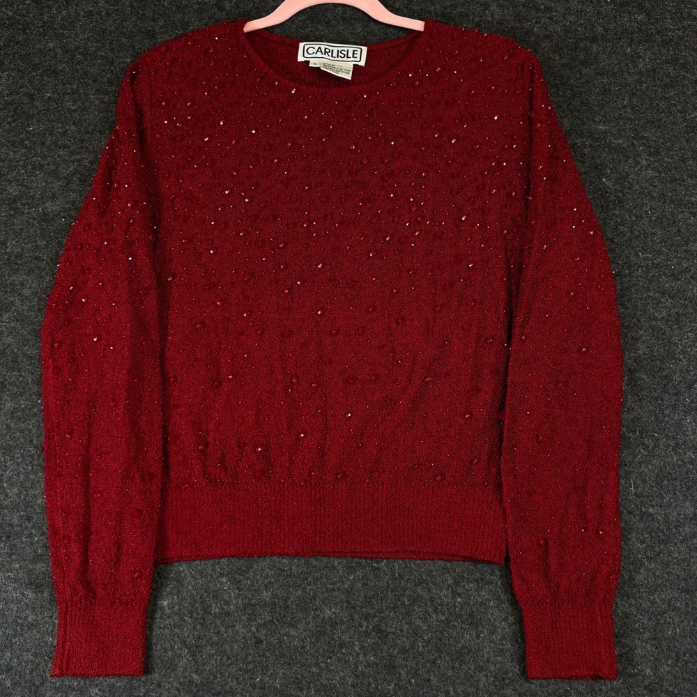Carlisle Sweater Womens Large Red Beaded Breathable Long Sleeve Pullover Jumper